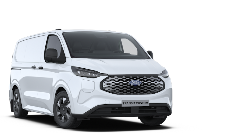 Ford E-Transit Custom blanc, vue de trois quarts avant