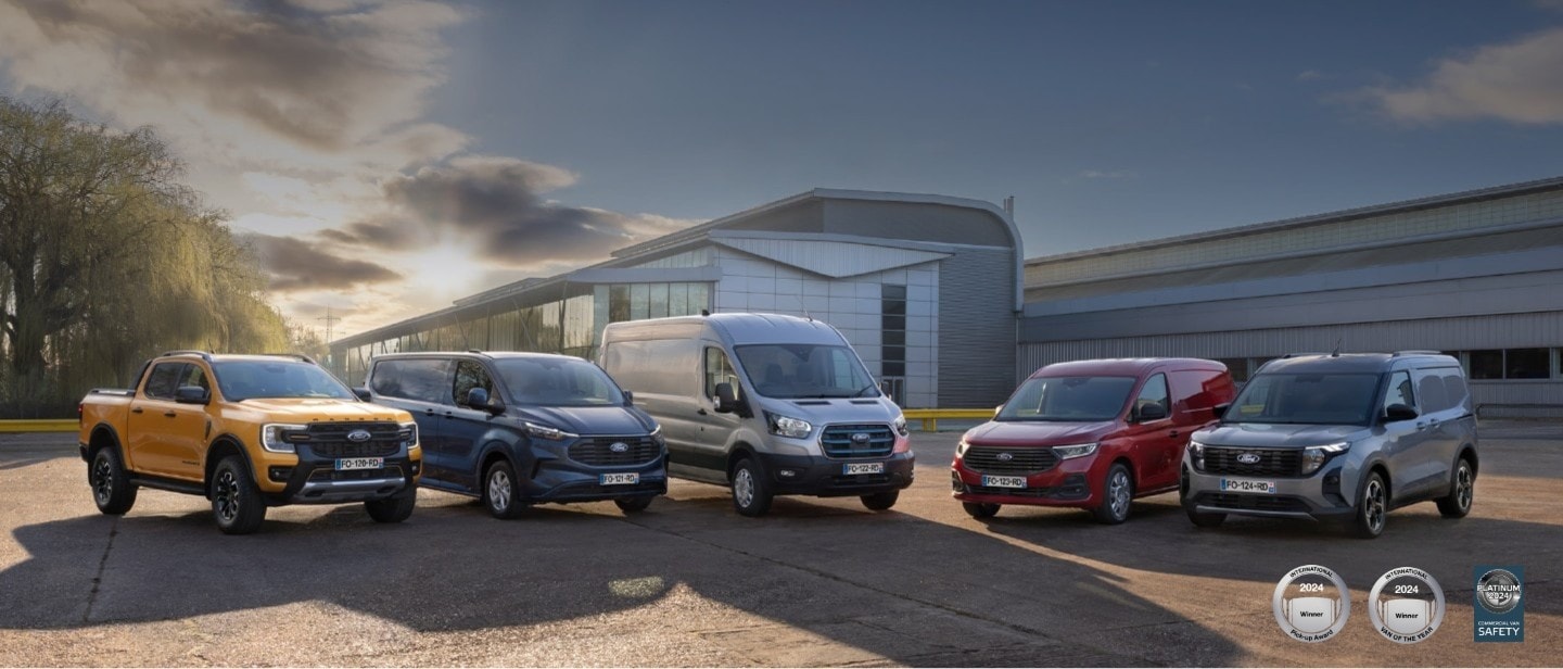 Ford range including Ranger, Transit Van and Transit Custom with people standing next to them